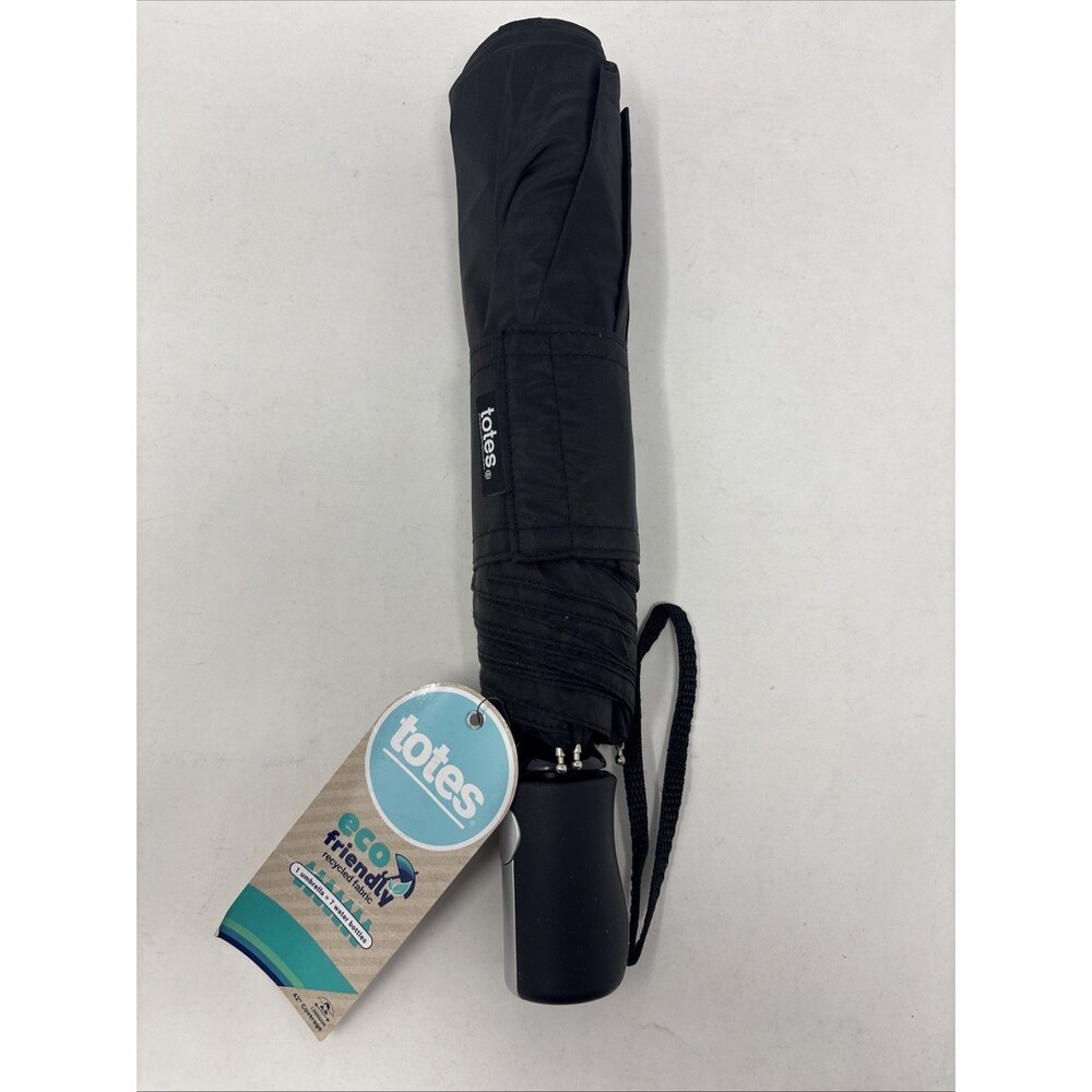 Totes Eco Friendly Compact Umbrella Black Auto Open Close Recycled Fabric NWT